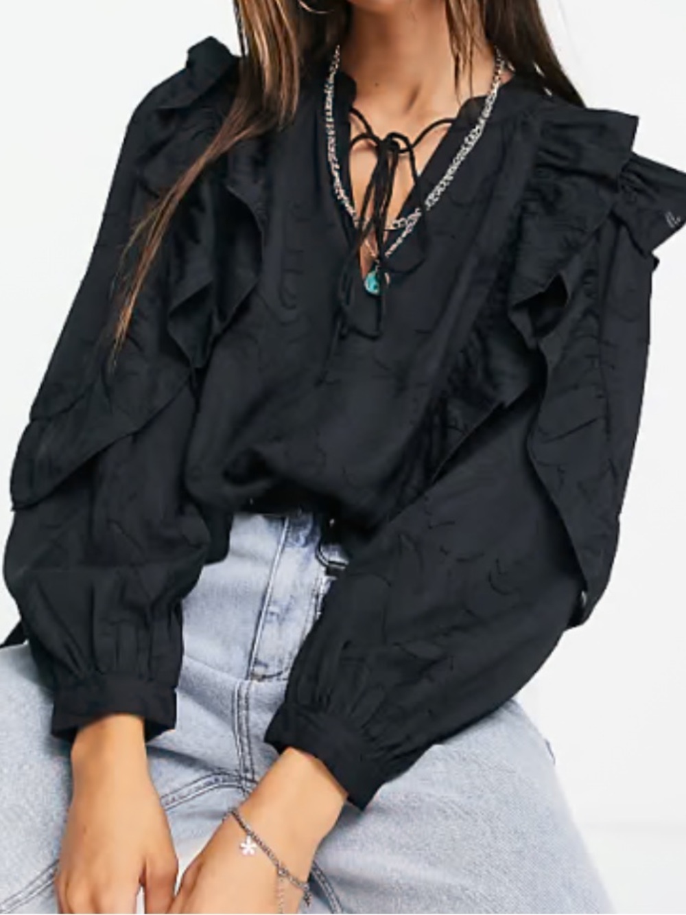 Topshop Frill Oversized Jacquard Black Ruffle Tie-Neck Blouse in Black | 6